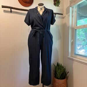 Blue Cotton Denim Collar Short Sleeve Wrap Tie Wide Leg Jumpsuit Size XL